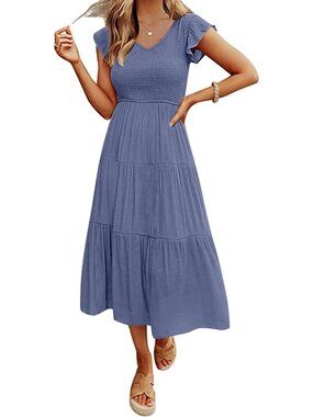 Summer Flutter Sleeve Smocked Midi Dress - Casual Chic for Women, Perfect for